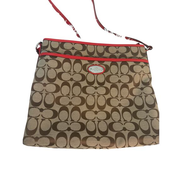 COACH Tan w/Red Trim Crossbody Zipper Closure Red Buckle Strap Purse - Picture 1 of 12